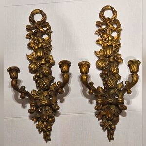 Pair Of Gold Vintage Floral Syroco Wood Floral Sconces 24in